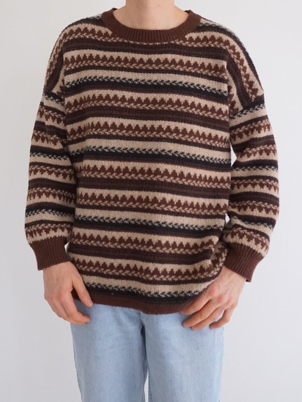 Vintage Brown Cream Nordic Fair Isle Stripe Fisherman Cabin Knit Sweater L - Picture 1 of 10